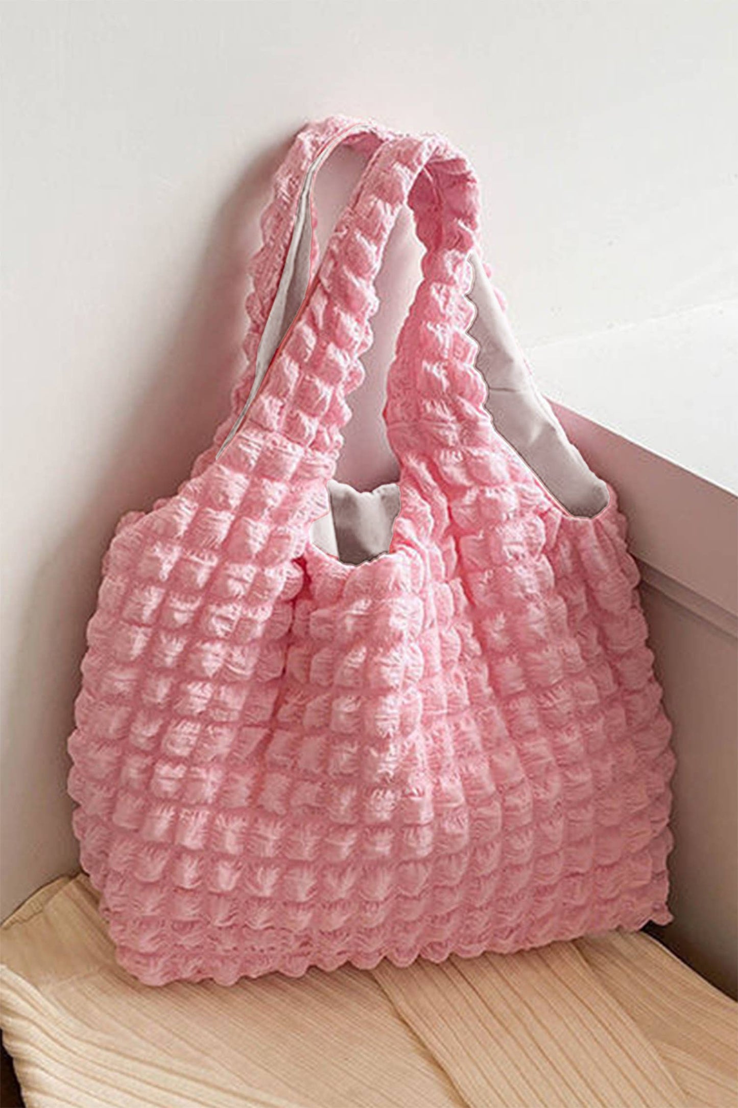 Pink Solid Bubble Textured Large Tote Bag
