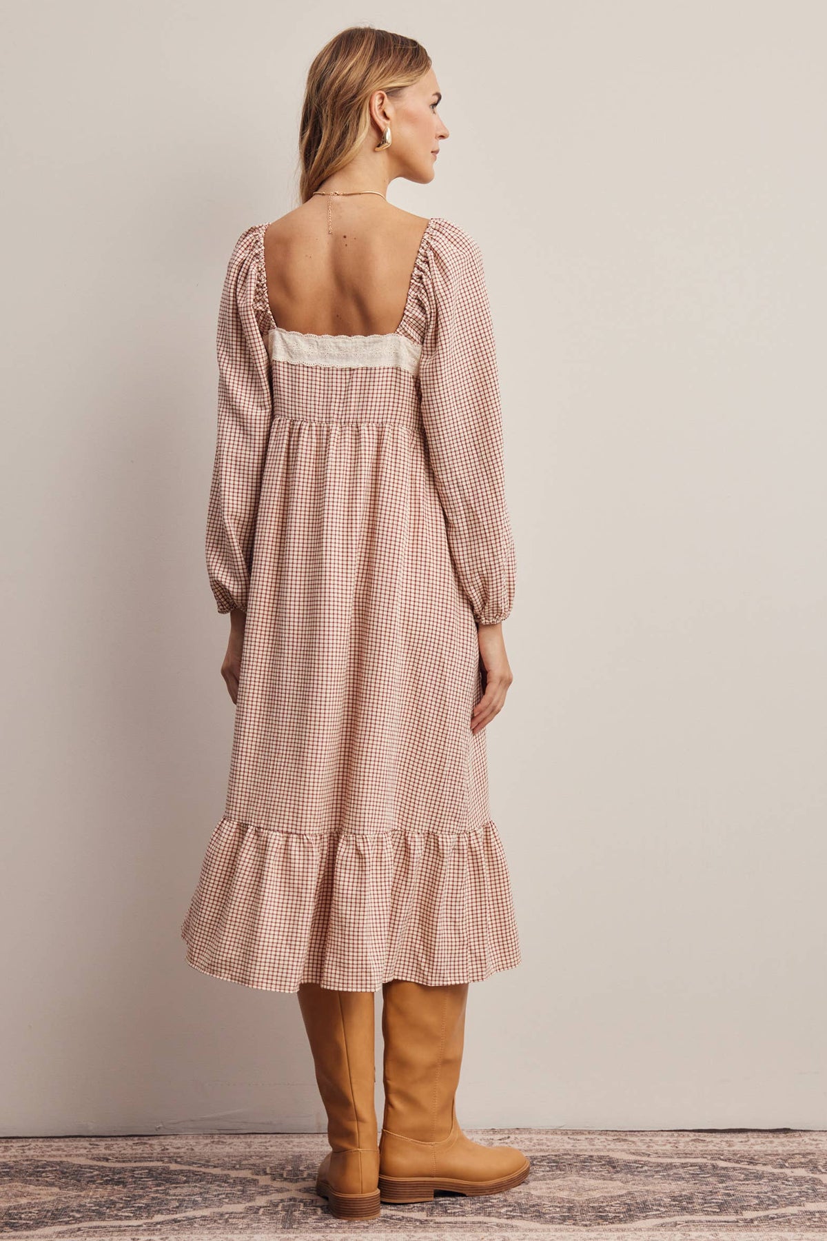 Lace Trim Gingham Midi Dress FD0069: Ivory Red / Contemporary / L