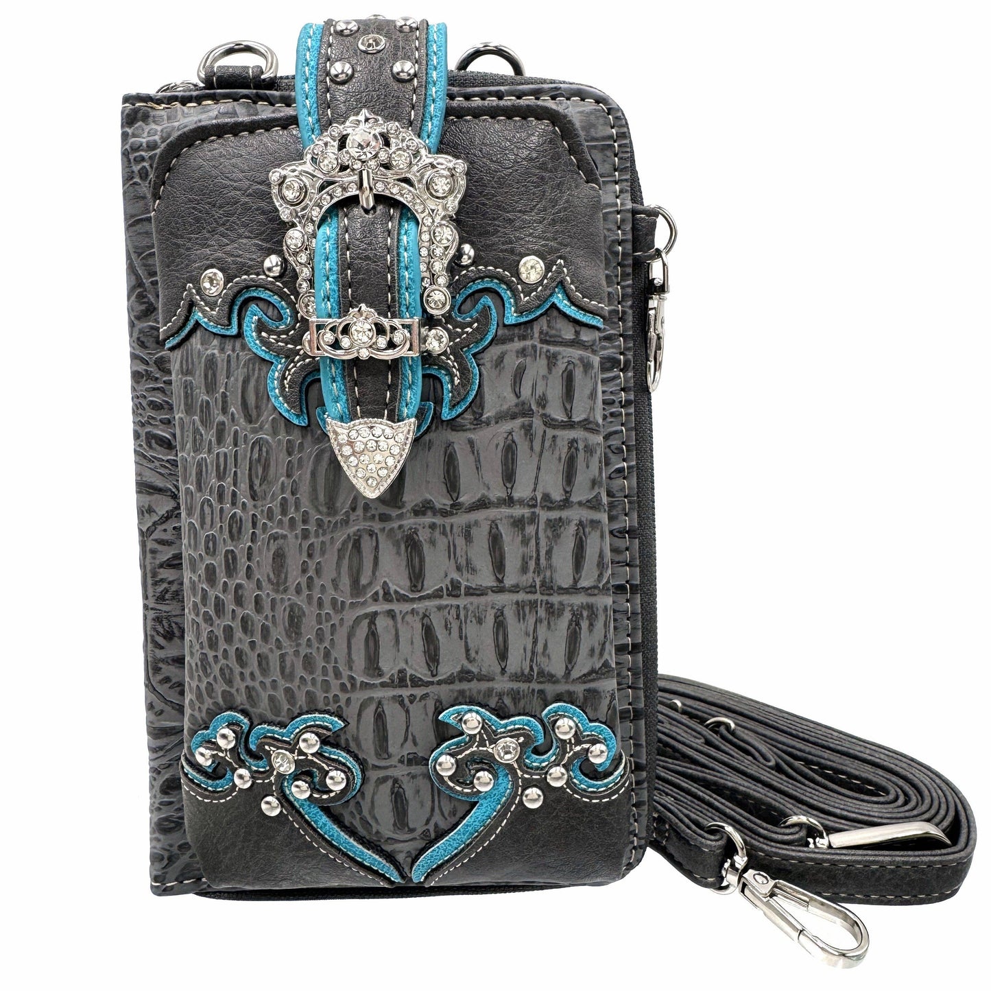 Croc Leather Buckle Western Crossbody Phone Wallet: Grey