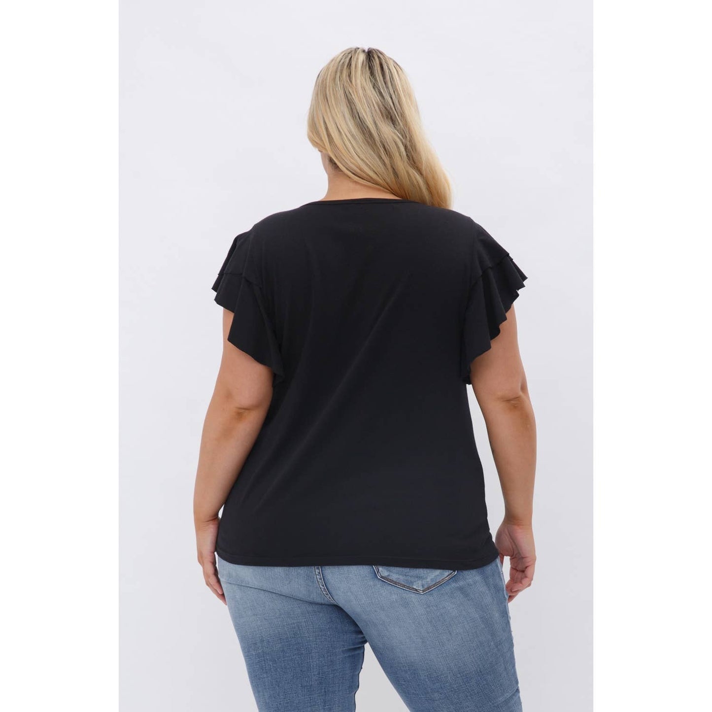 PLUS SIZE CROCHET LACE YOKE RUFFLE SHORT SLEEVE KNIT BLOUSE