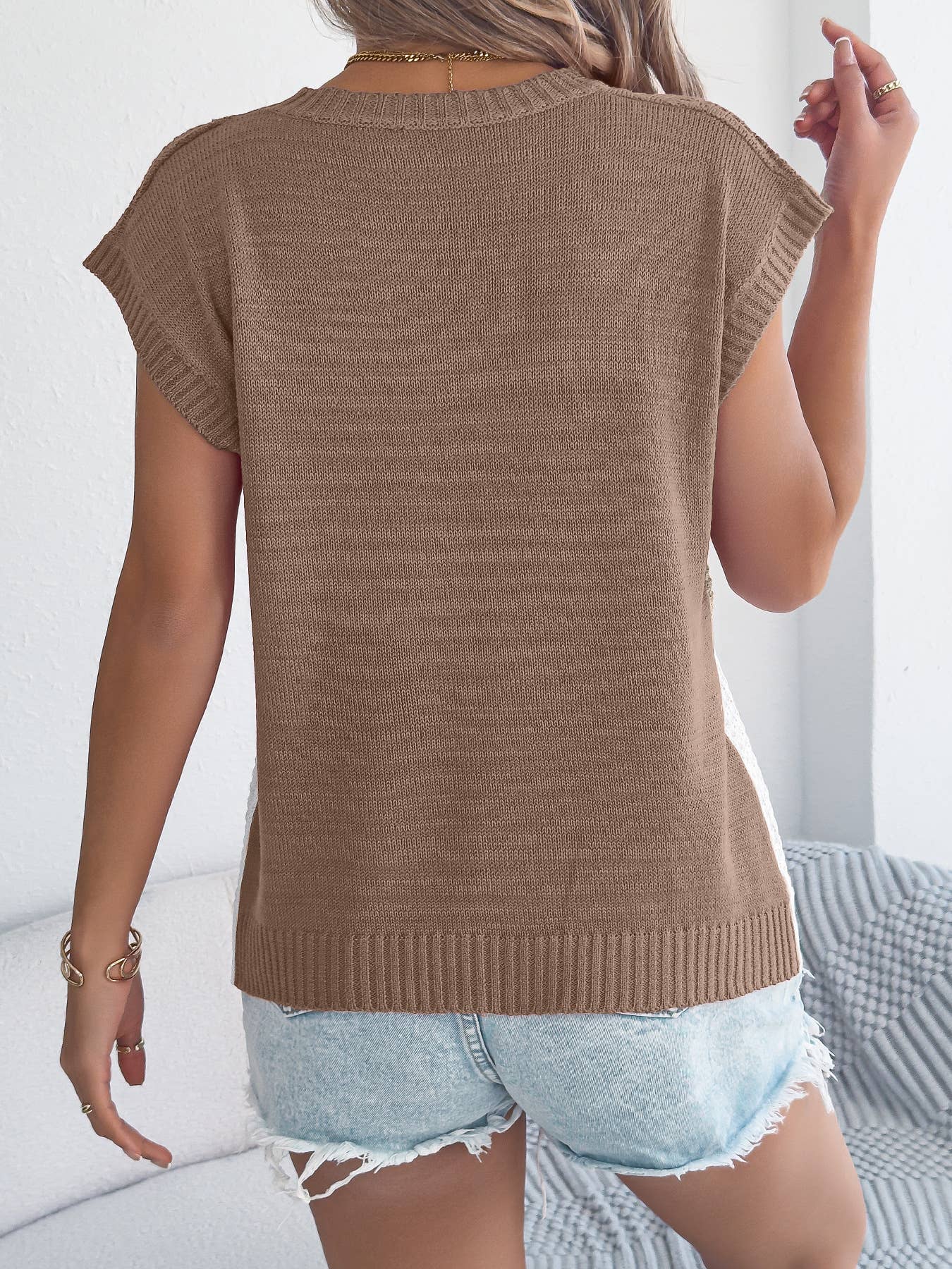 Color Block Cable Knit Short Sleeve Pullover Top
