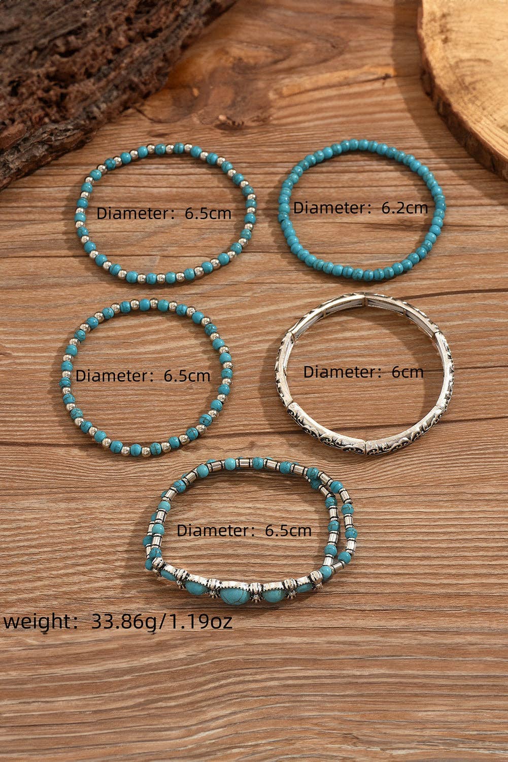 Western Turquoise Beaded Silver 5 Piece Layered Bracelet
