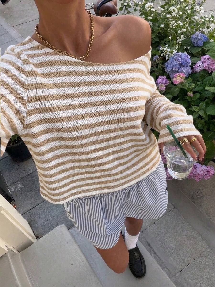 Off Shoulder Striped Knit Top