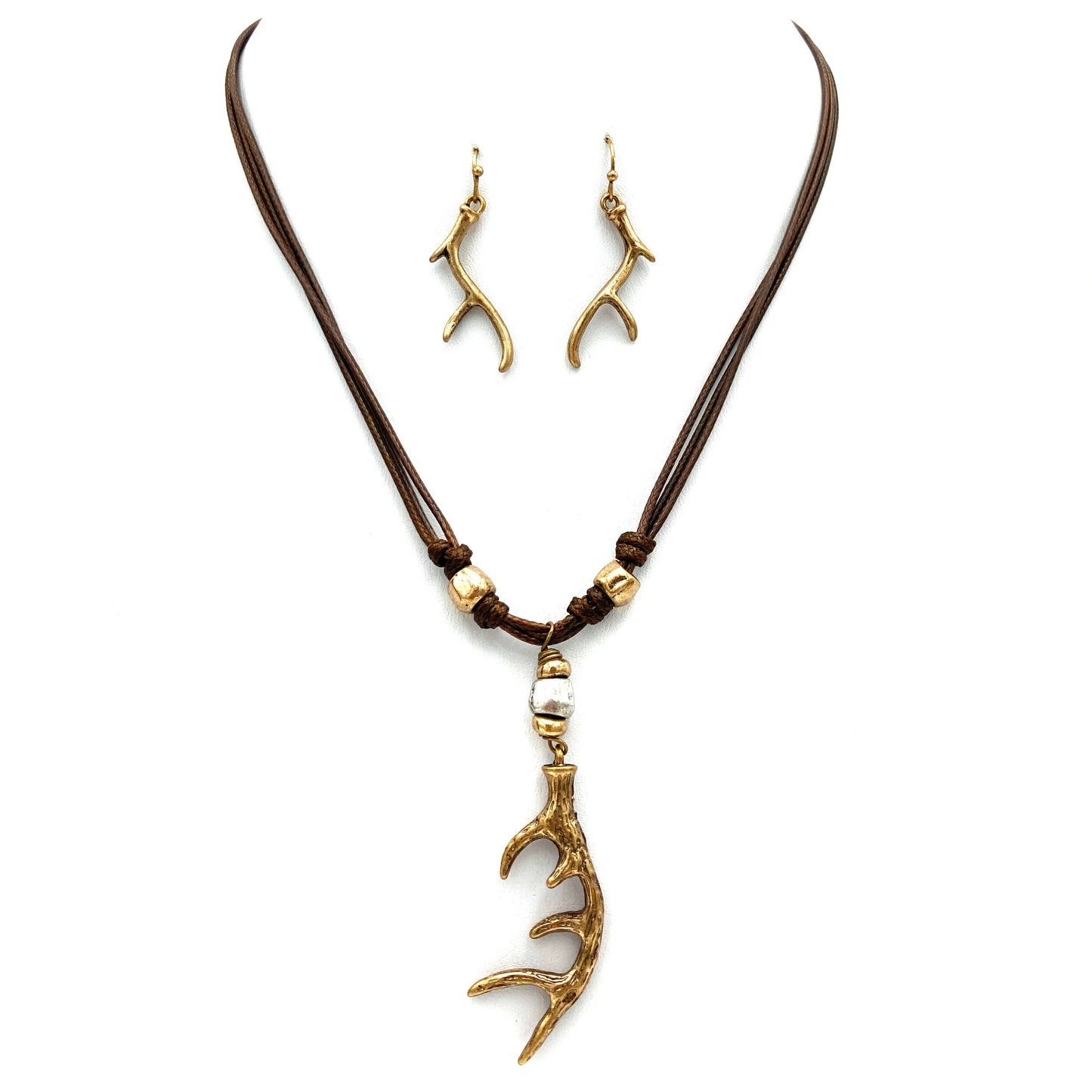 Deer Antler Cord Rope Necklace and Earring Set