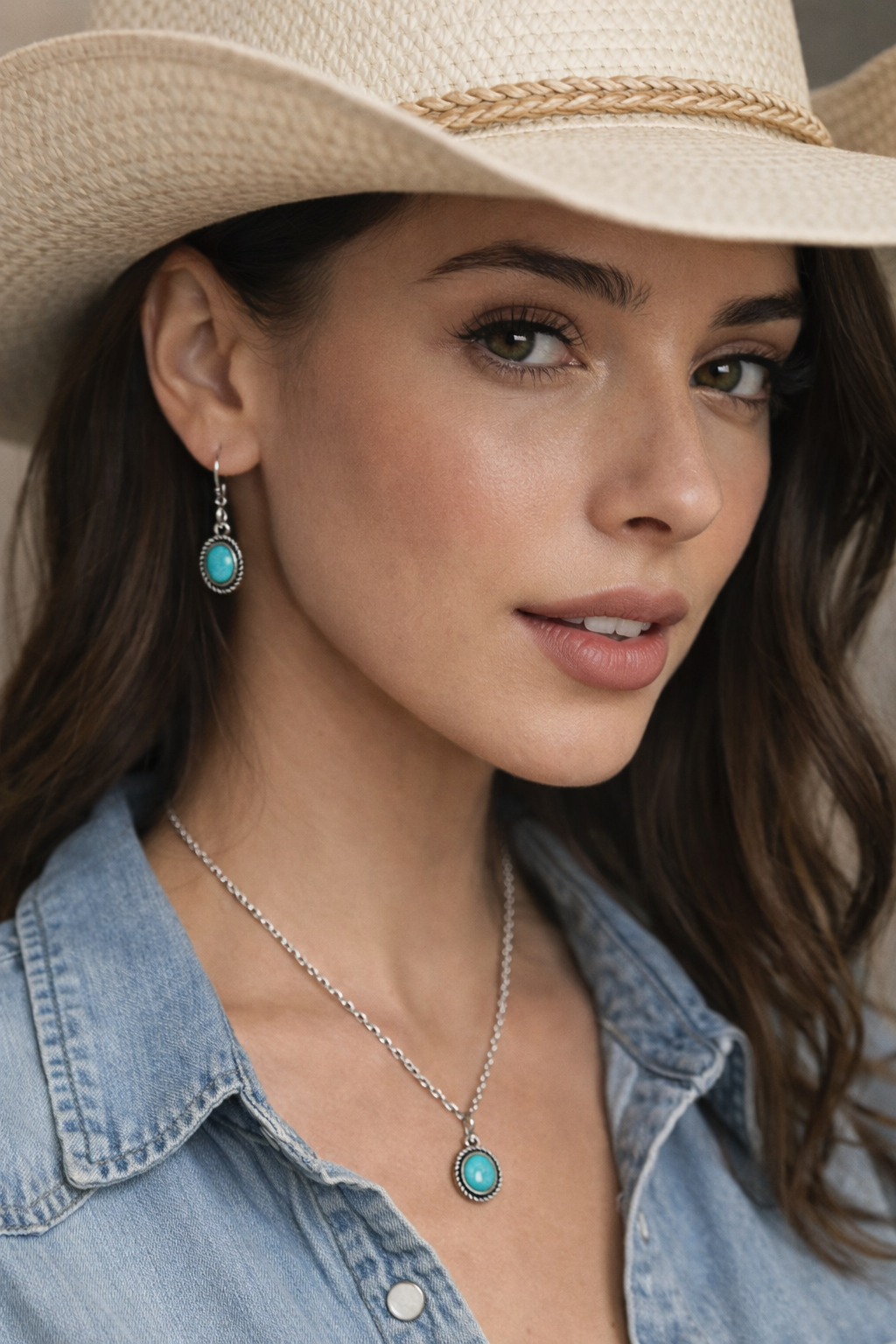 Turquoise pendant figaro chain necklace and earring set
