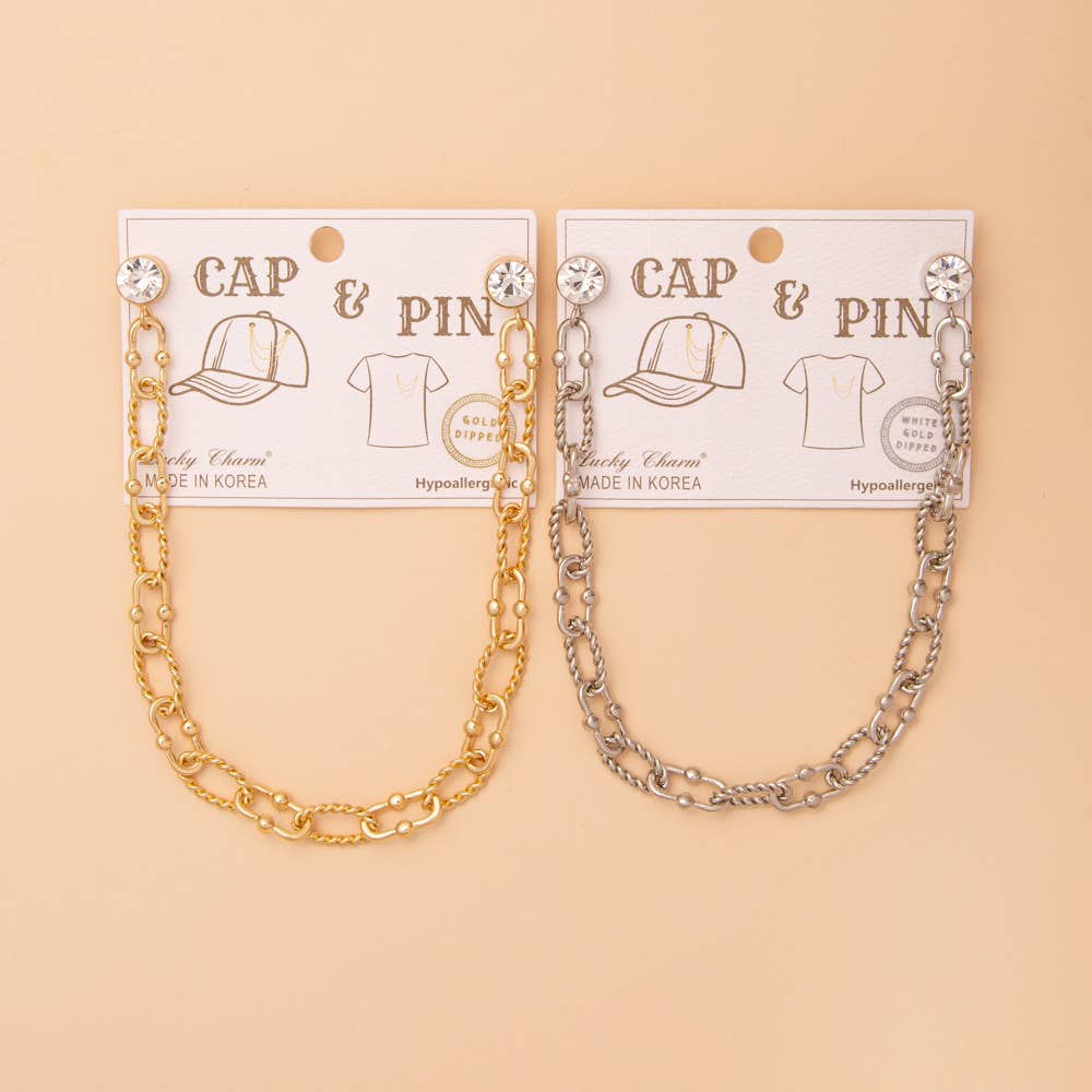 Crystal Embellished Textured Oval Link Cap Chain and Pin: Silver