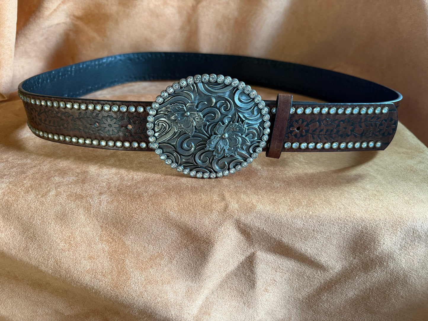 Tooled Leather Belt with Tooled Buckle