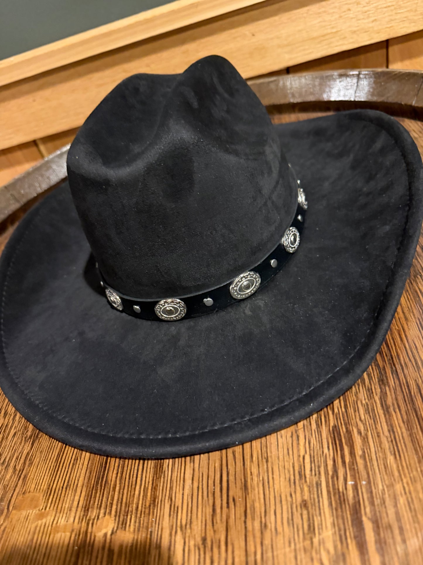 Black Suede Cowboy Hat with Leather Strapping