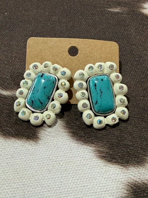 Faux Turquoise and White Beaded Post Earrings