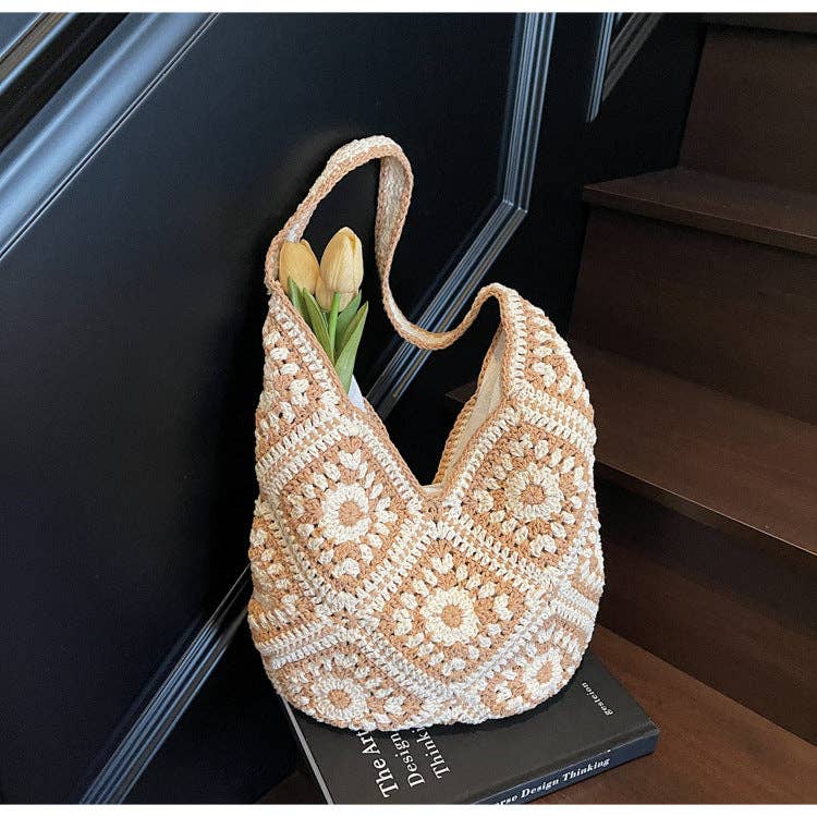 Crochet Knit Tote Bag Boho Shoulder Bag for Women: Khaki