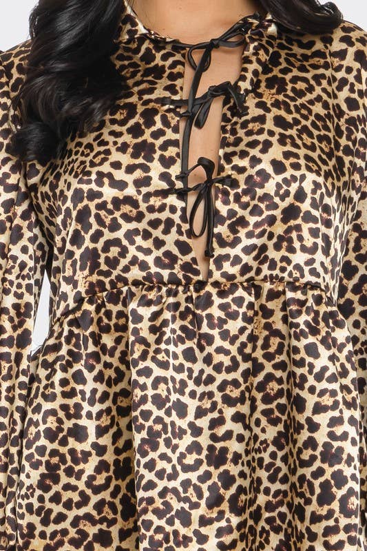 Plus Size Leopard Print Satin Long Sleeve Blouse: Solid Black / 3XL