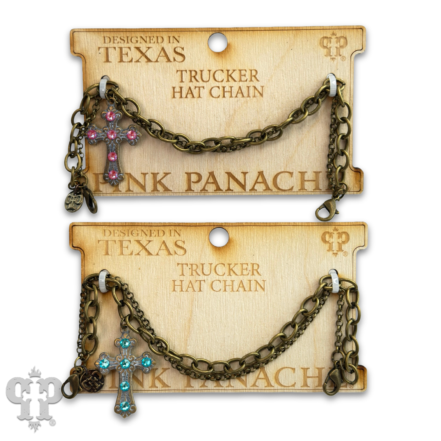 Bronze trucker hat chain with Austrian crystal cross charm