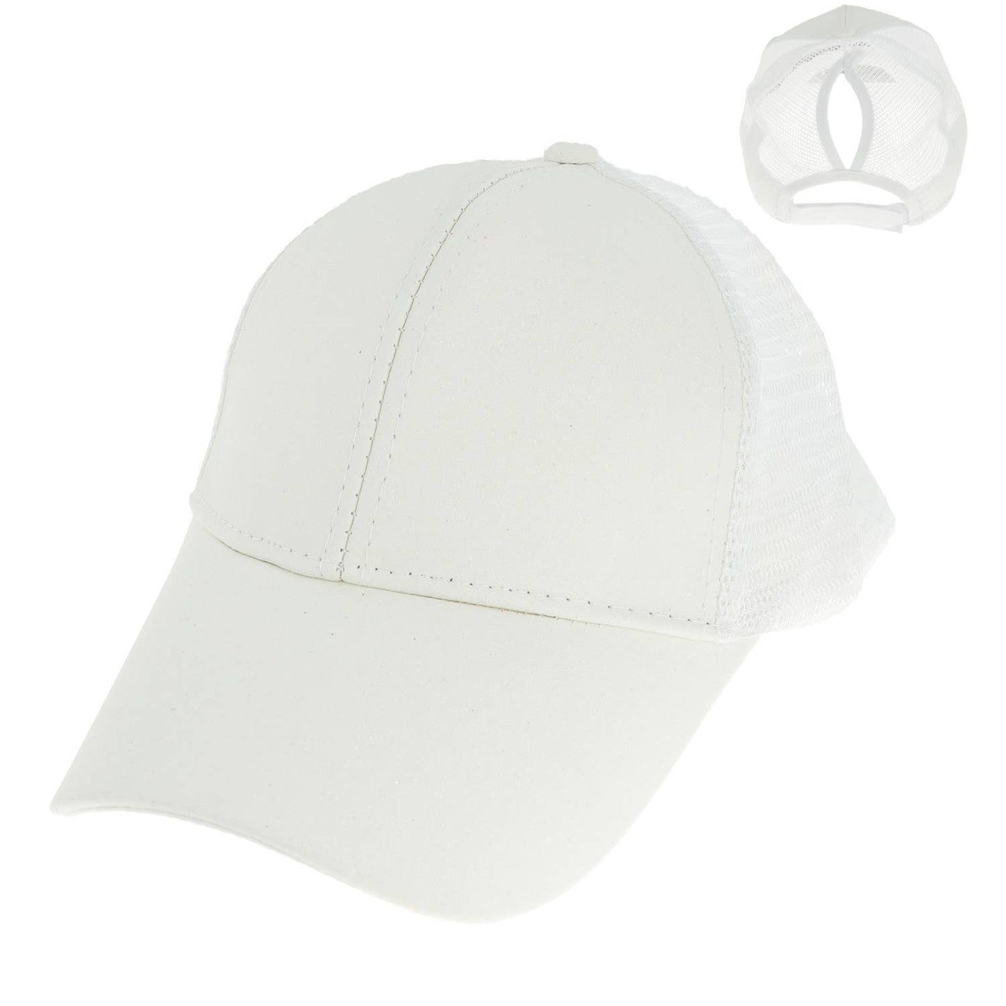 Glitter w/ Mesh High Bun Ponytail Trucker Hat: White