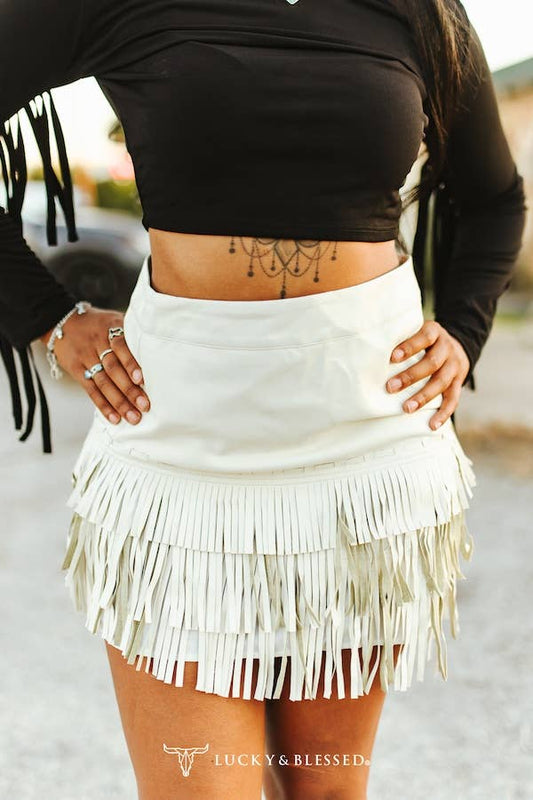 Ivory Stitched Tier Fringe Skirt