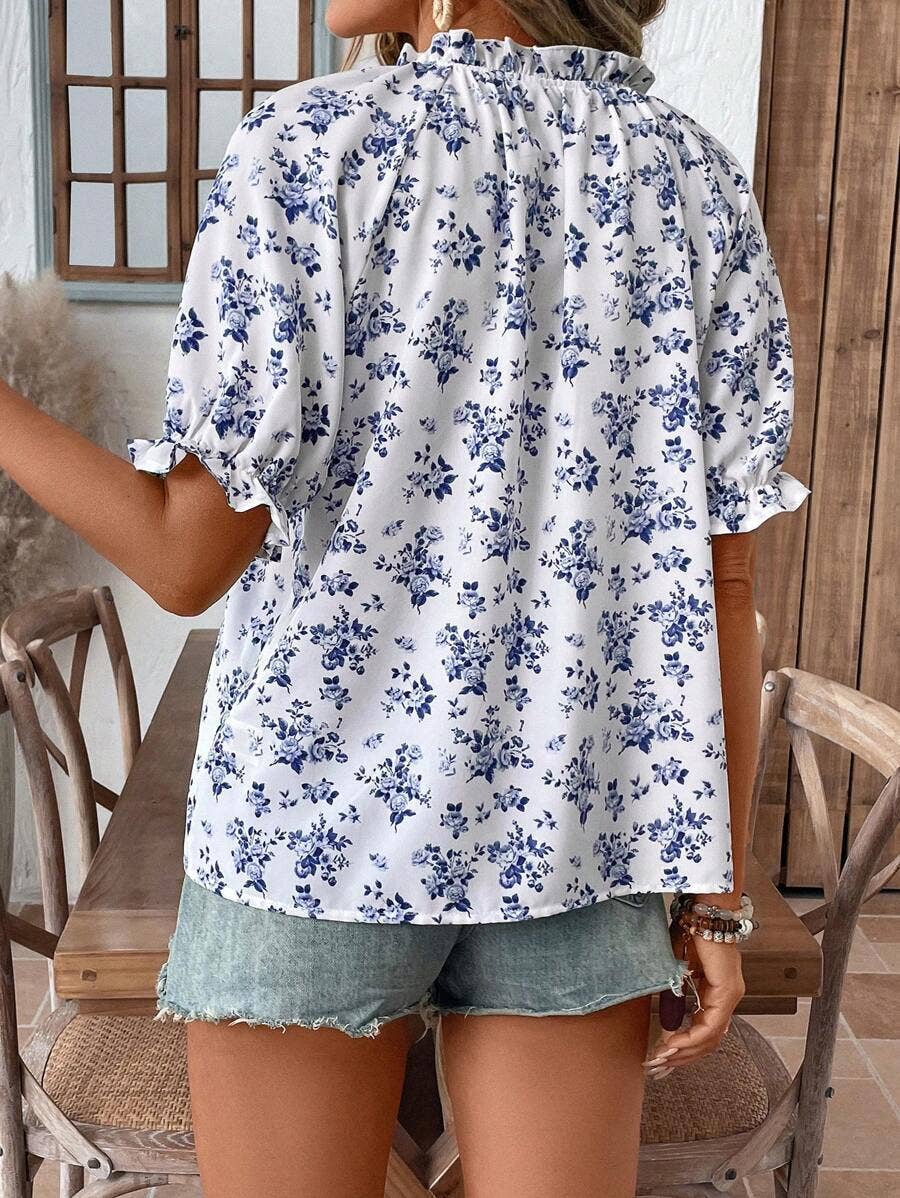 Floral Print Button Front V Neck Short Sleeve Blouse