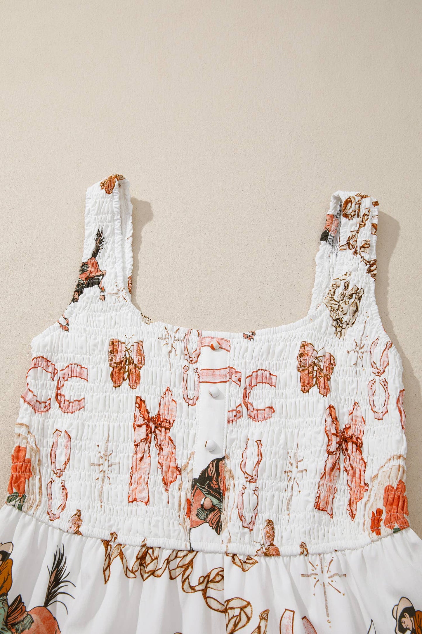Western Horseshoes Printed U Neck Smocked Midi Dress