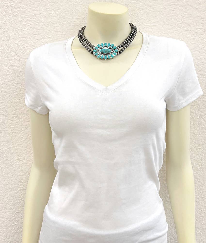 Double Strand Navajo Bead and Turquoise Concho Necklace