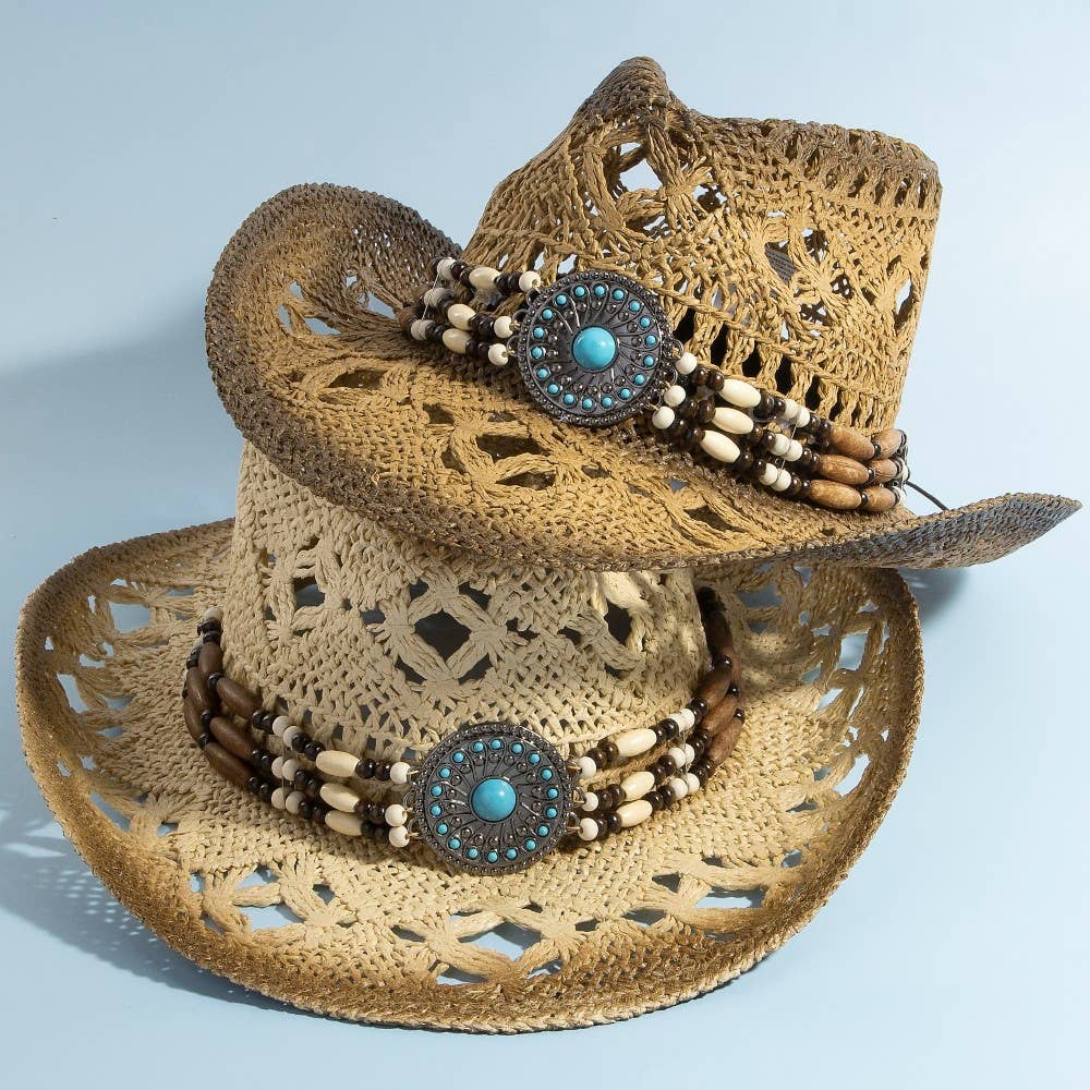 Straw Braided Concho Beaded Strap Cowboy Hat