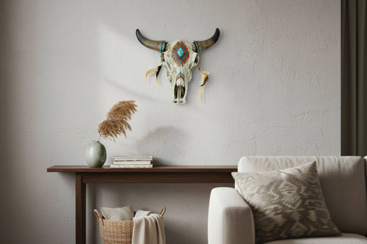 Southwest Tribal Bull Cow Skull Feathers Hanging Wall Décor