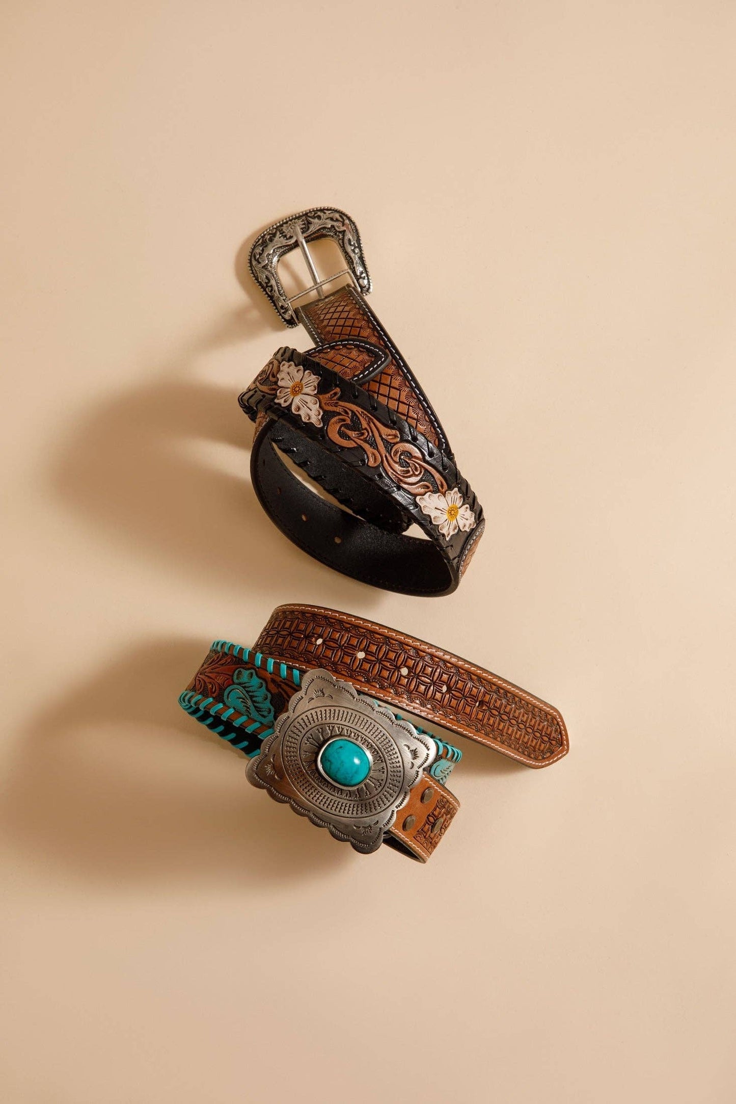 Tropical Forest Hand-Tooled Leather Women's Belt: Multicolor / LARGE