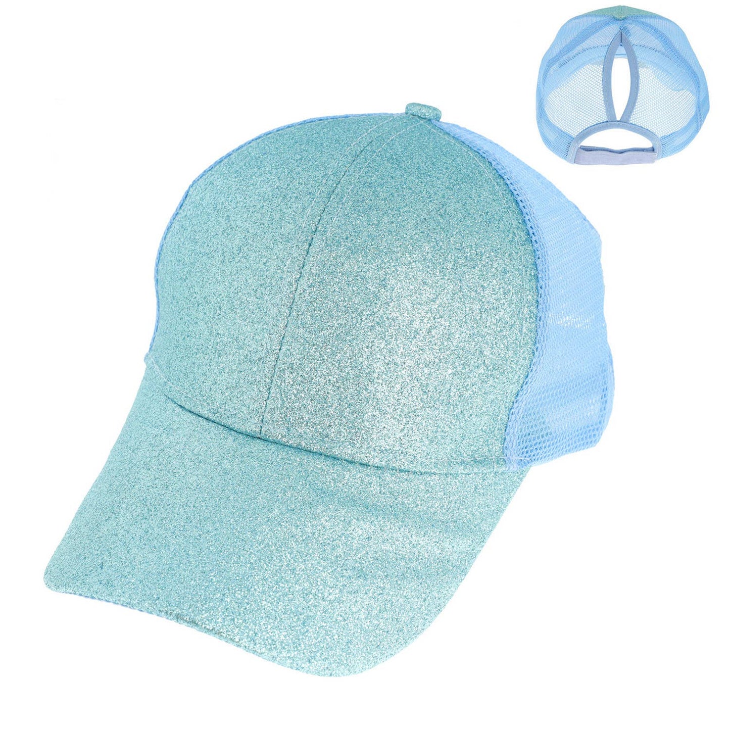 Glitter w/ Mesh High Bun Ponytail Trucker Hat: Aqua