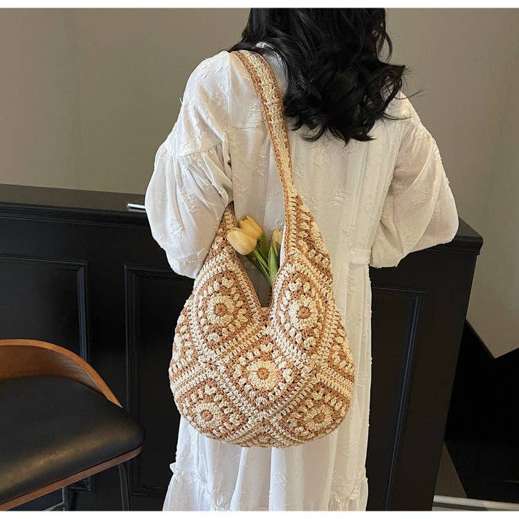 Crochet Knit Tote Bag Boho Shoulder Bag for Women: Khaki