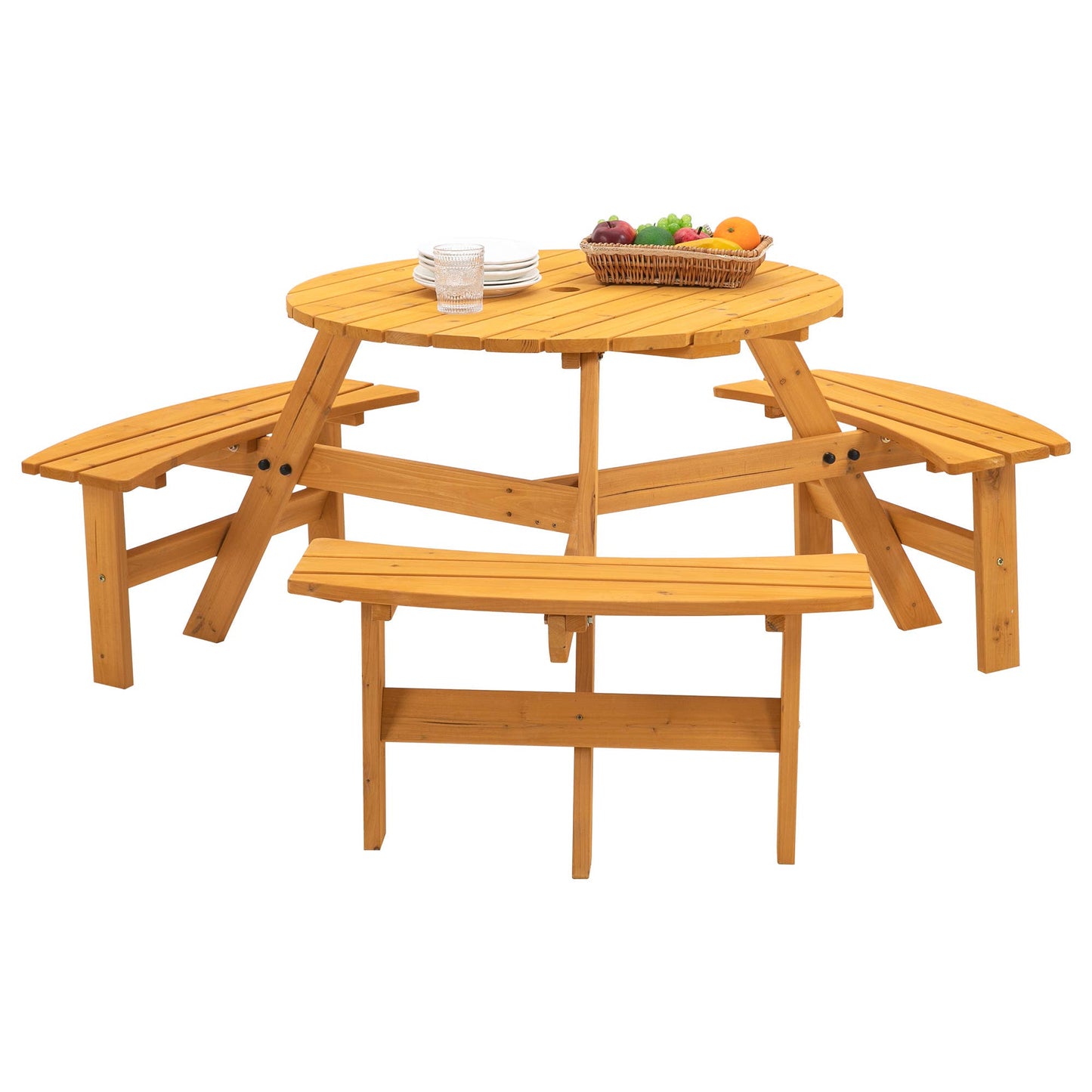 6-Person Outdoor Wooden Picnic Table with Benches–Brown/Natu: Brown