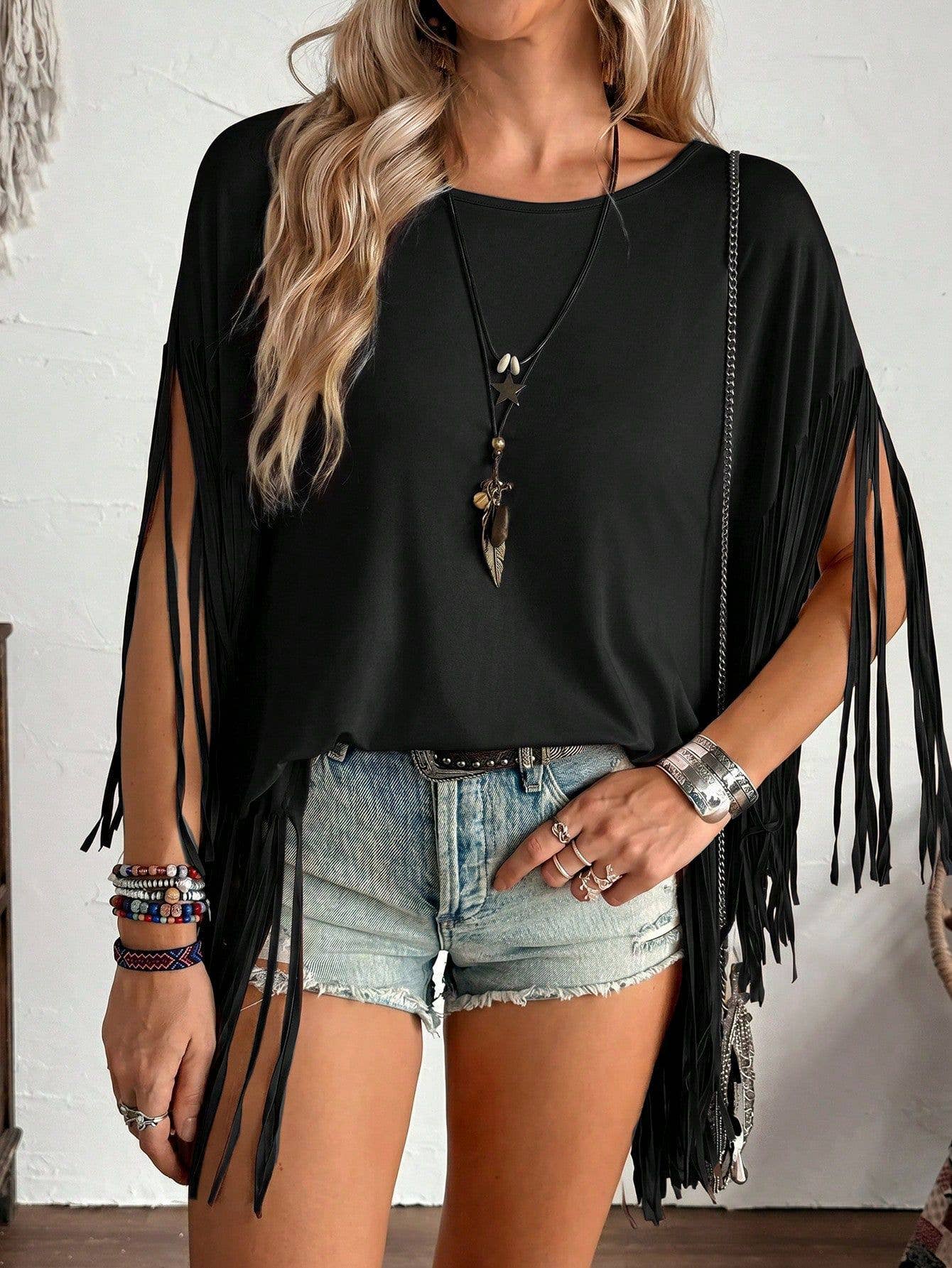 Western Country Concert Fringe Tassel Poncho Top: Coffee / XL