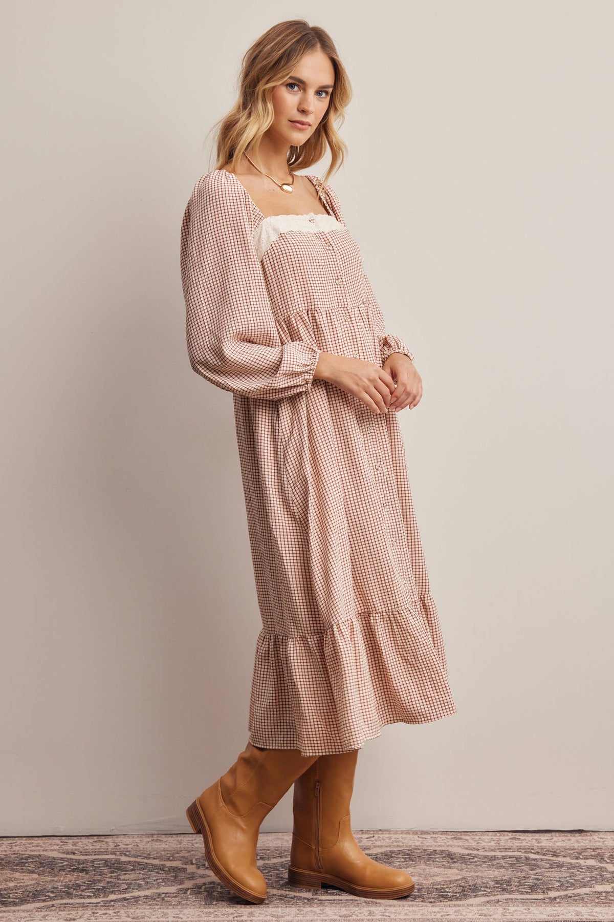 Lace Trim Gingham Dress