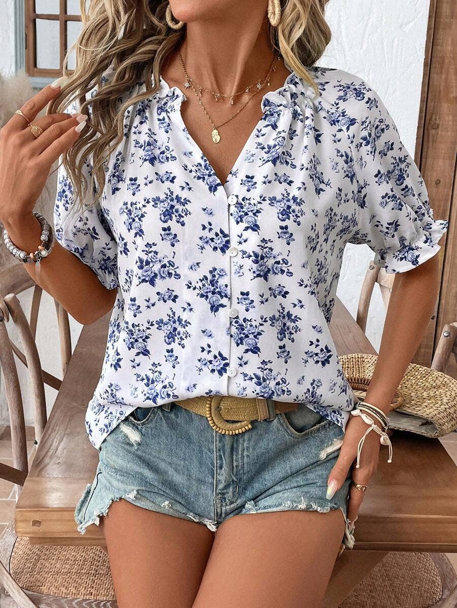 Floral Print Button Front V Neck Short Sleeve Blouse