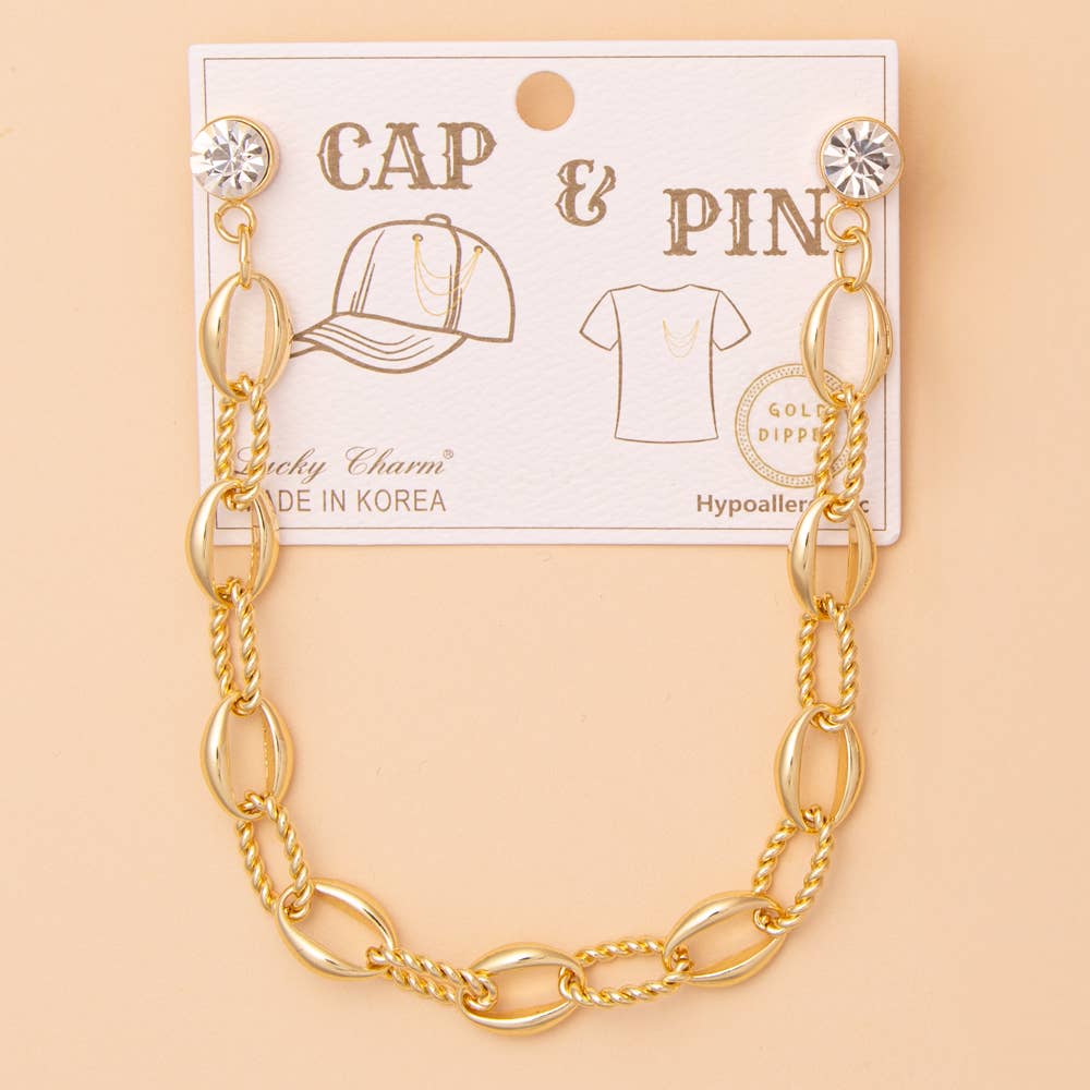 Crystal Embellished Textured Oval Link Cap Chain and Pin : Gold