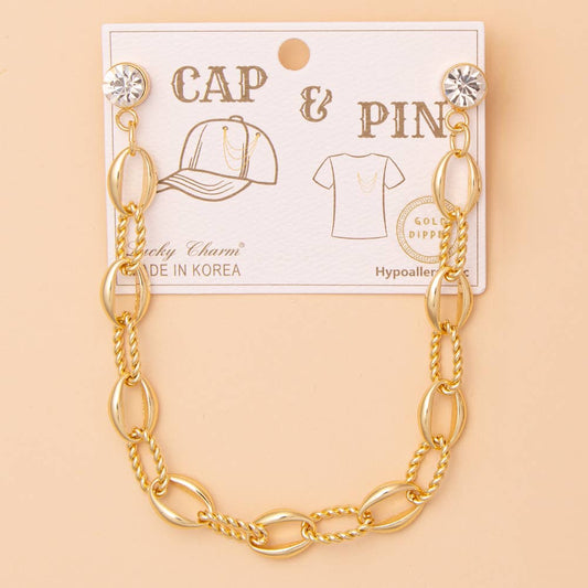 Crystal Embellished Textured Oval Link Cap Chain and Pin : Gold