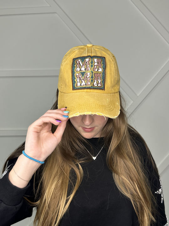 Mama Turquoise Patch on Distressed Mustard Hat