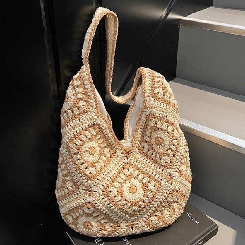 Crochet Knit Tote Bag Boho Shoulder Bag for Women: Khaki