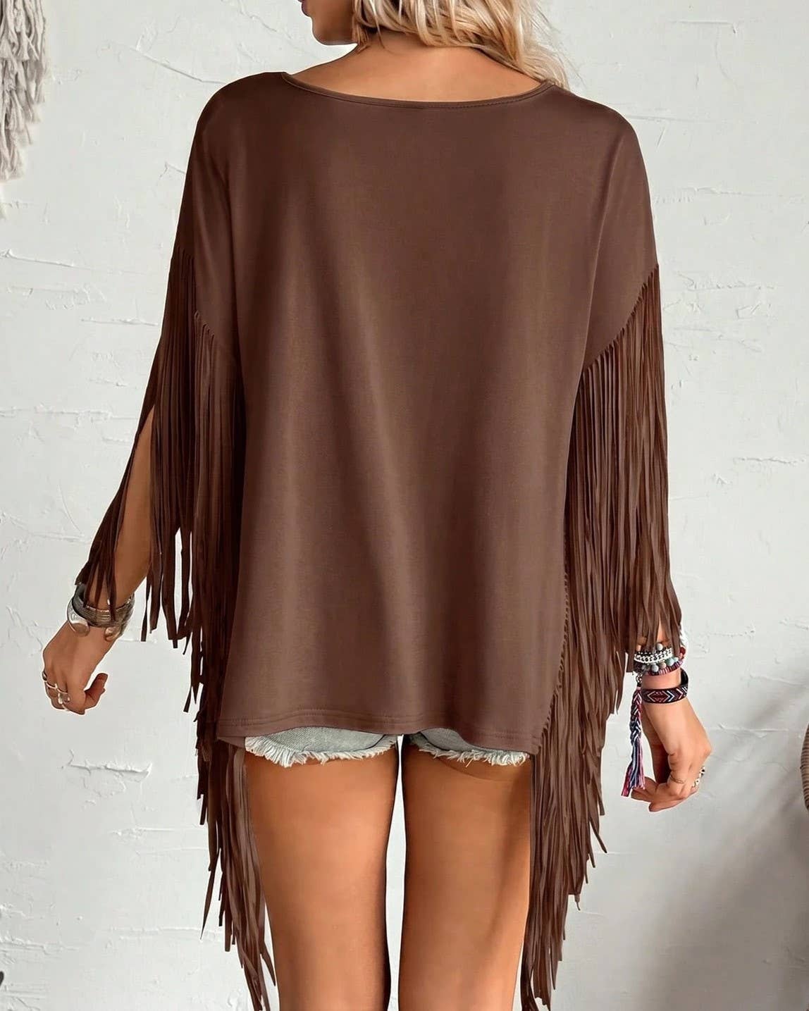 Western Country Concert Fringe Tassel Poncho Top: Coffee / XL