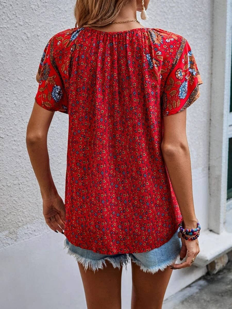 PRINTED V-NECK SHORT-SLEEVED LOOSE SHIRT