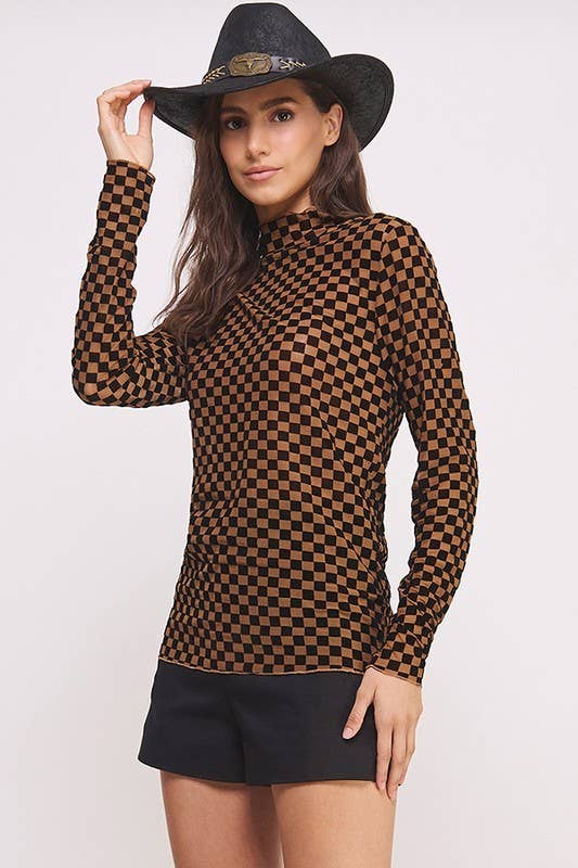 PLUS SIZE LONG SLEEVE CHECKERED MESH MOCK NECK TOP: BLACK/WHITE / 3XL