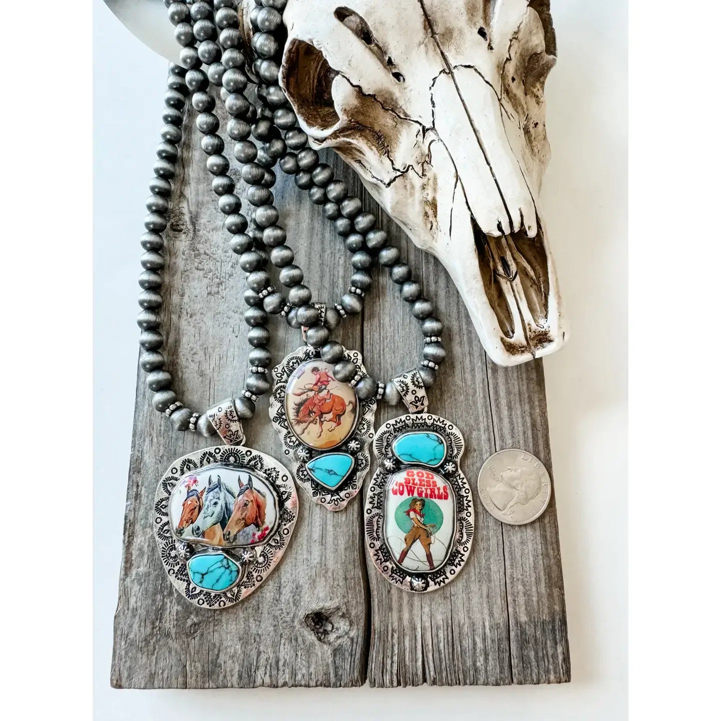 Western Print Pendant Necklace - Navajo Style Pearl: COWBOY ON HORSE