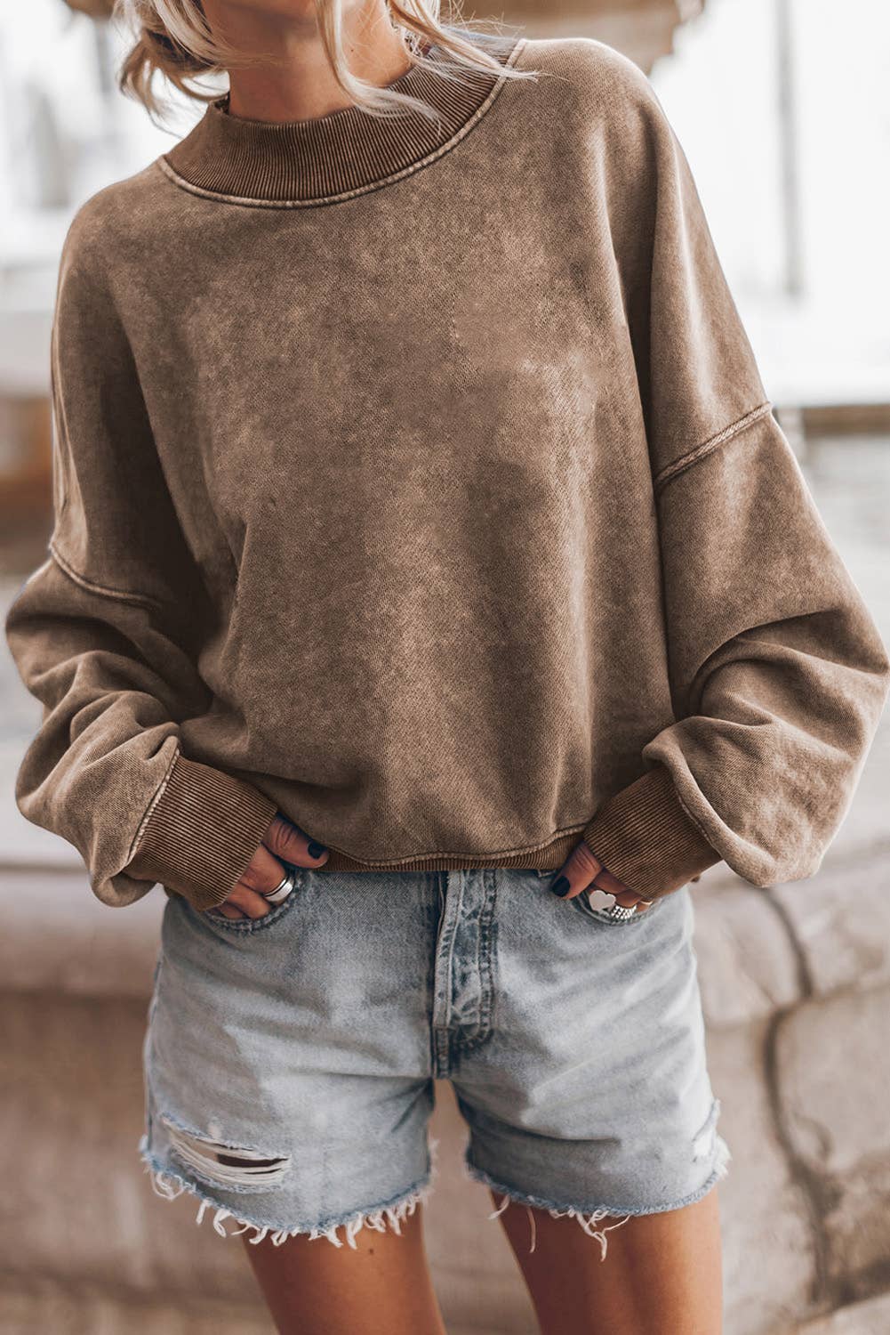 Solid Color Drop Shoulder Crew Neck Pullover Sweatshirt: Brown / 75%Polyester+25%Cotton / M
