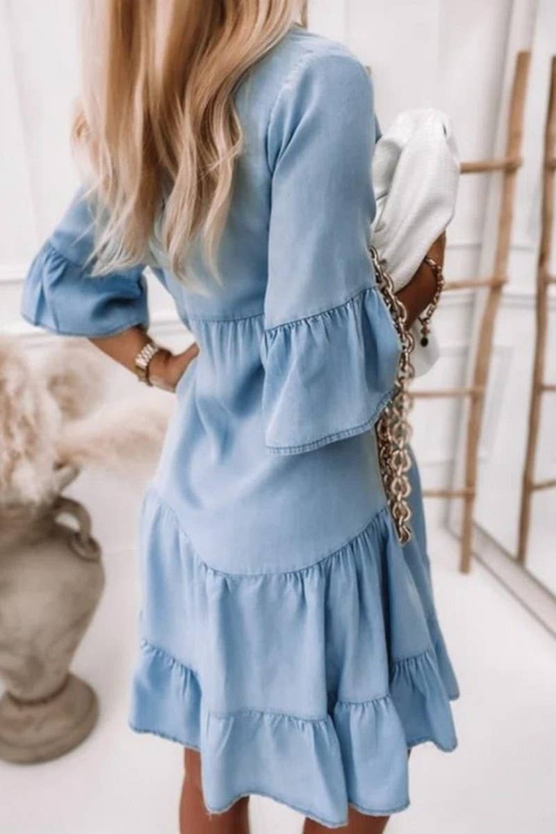 Women Casual Denim Shirt Dress Short Sleeve A Line