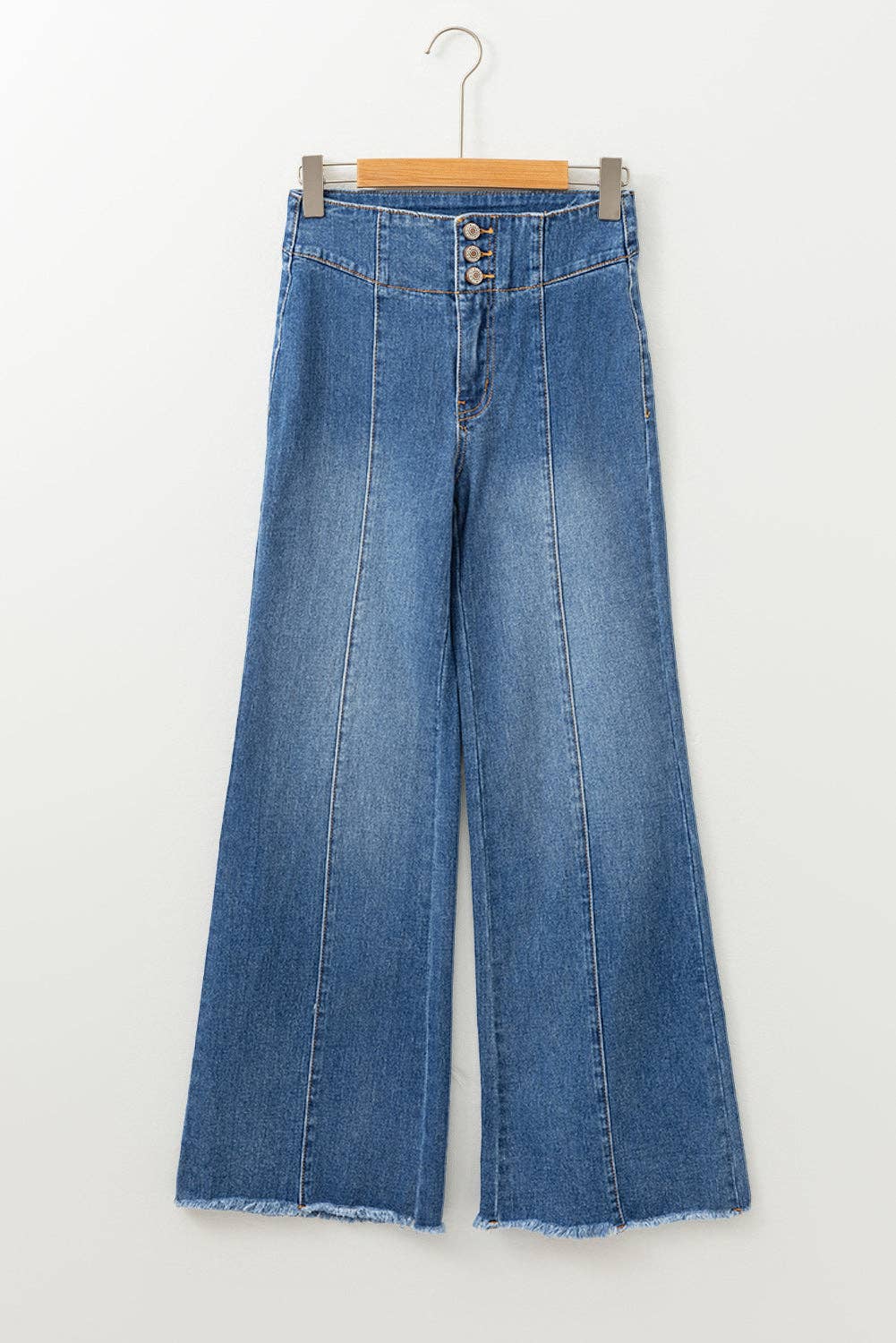 Sail Blue High Waist Button Fly Seamed Raw Hem Flare Jeans: Sail Blue / 71%Cotton+27.5%Polyester+1.5%Elastane / 12