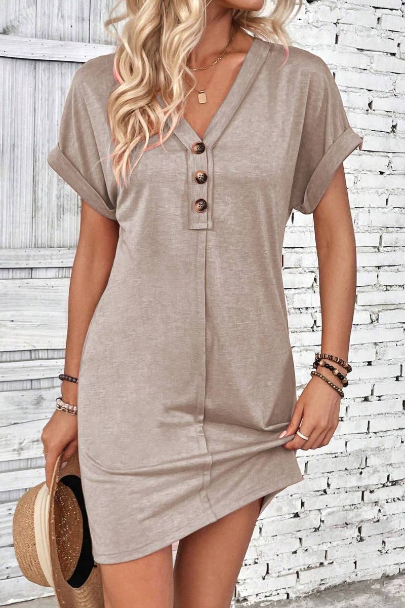 SUMMER V-NECK BUTTON-UP SHORT-SLEEVED DRESS