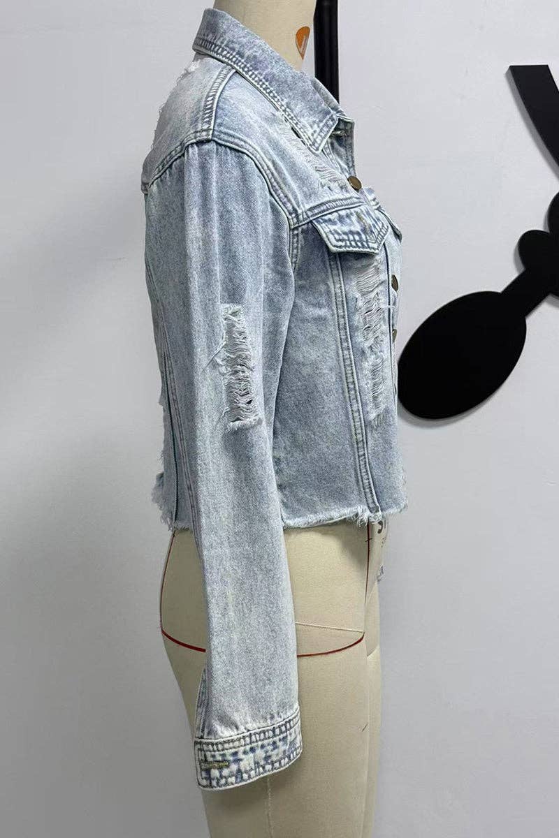 Distressed Casual Denim Jacket: BLUE / XL
