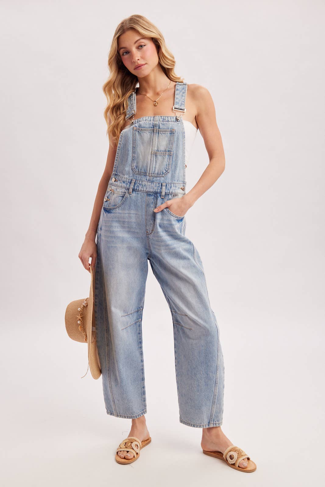 DENIM BARREL OVERALLS: LT.WASH / M