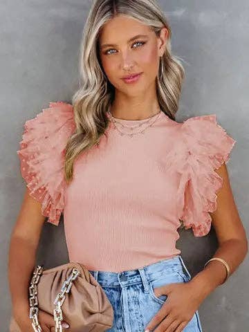 Ribbed Knit Top with Polka Dot Ruffle Sleeves