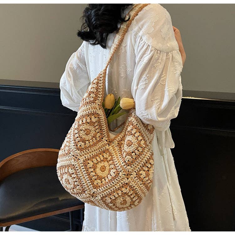 Crochet Knit Tote Bag Boho Shoulder Bag for Women: Khaki
