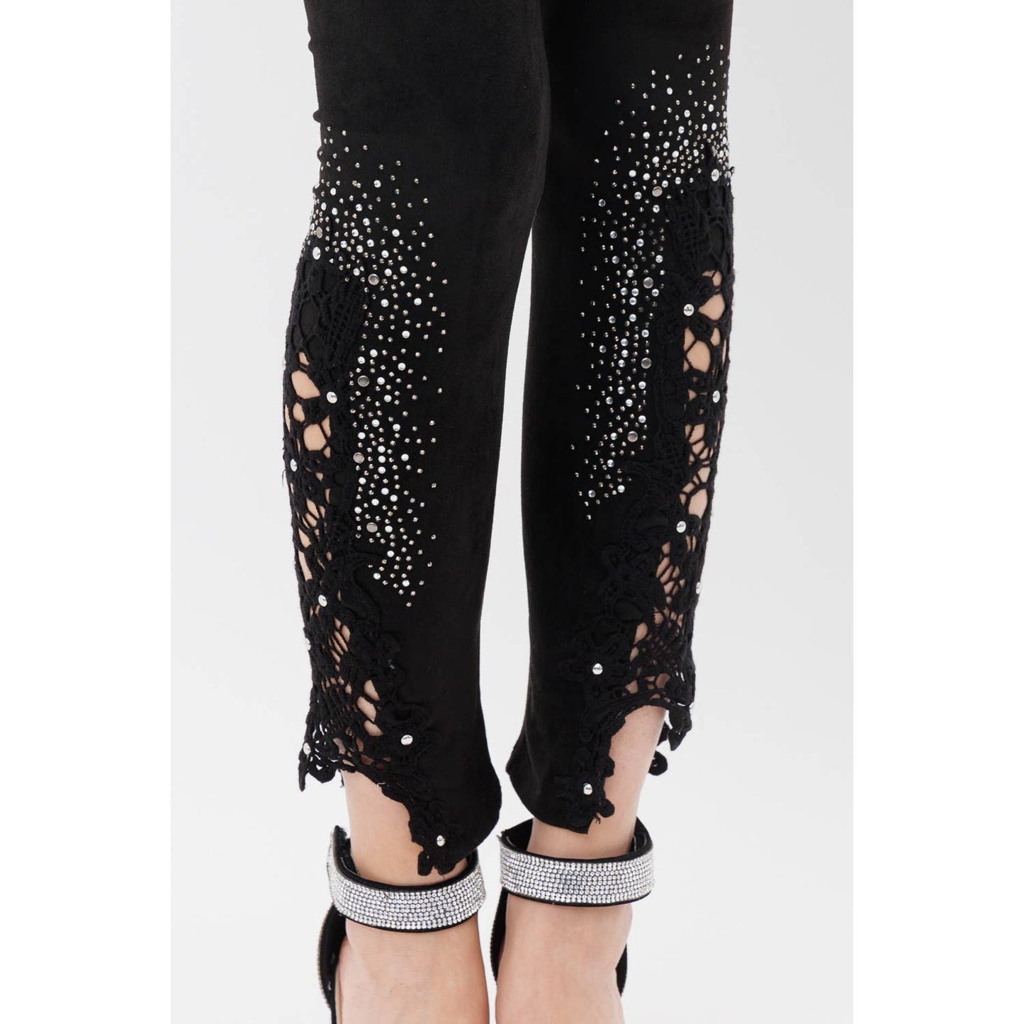 SUEDE LEGGINGS WITH CROCHET LACE RHINESTONE