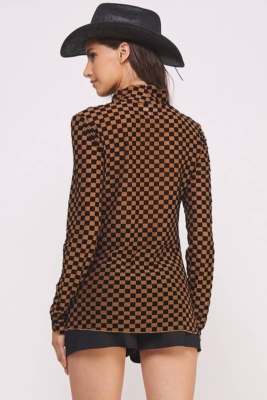 PLUS SIZE LONG SLEEVE CHECKERED MESH MOCK NECK TOP: BLACK/WHITE / 2XL