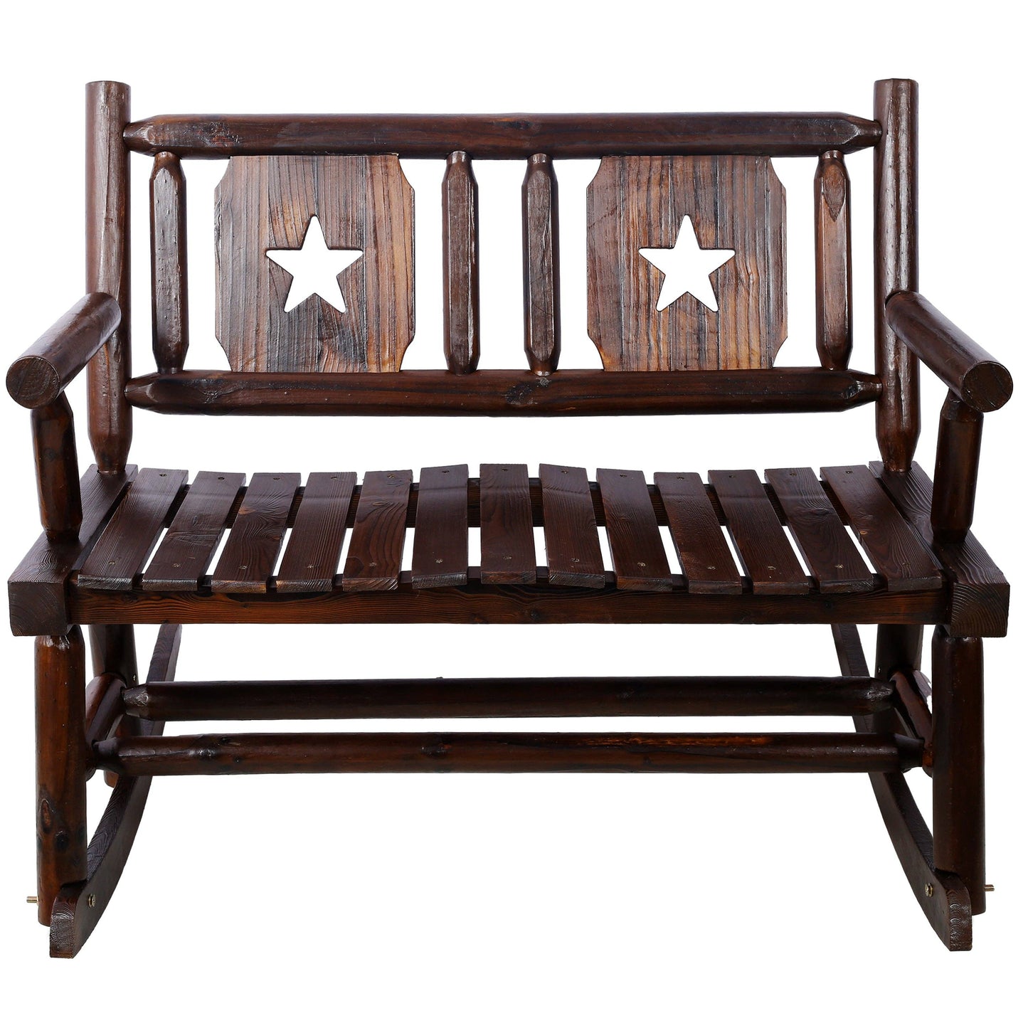 Rustic Brown Outdoor Wood Double Rocking Bench