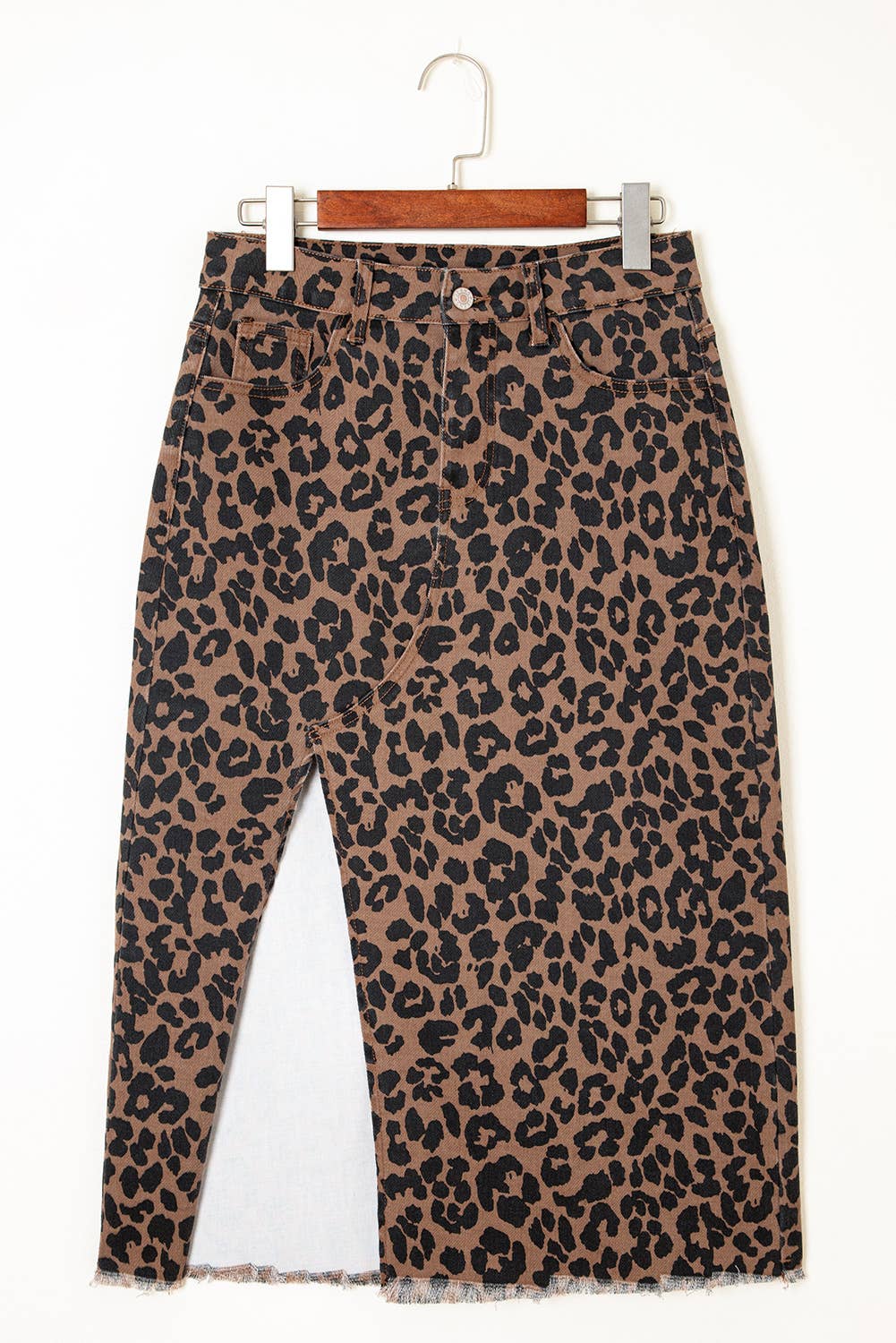 Brown Leopard Denim Frayed Split Denim Midi Skirt